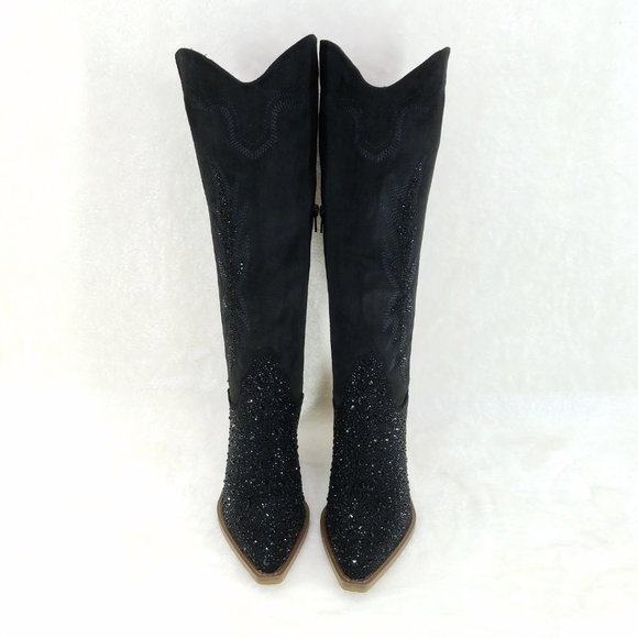 Anniston Black Rhinestone Glamour Country Western Cowgirl Knee Boots - Picture 12 of 12